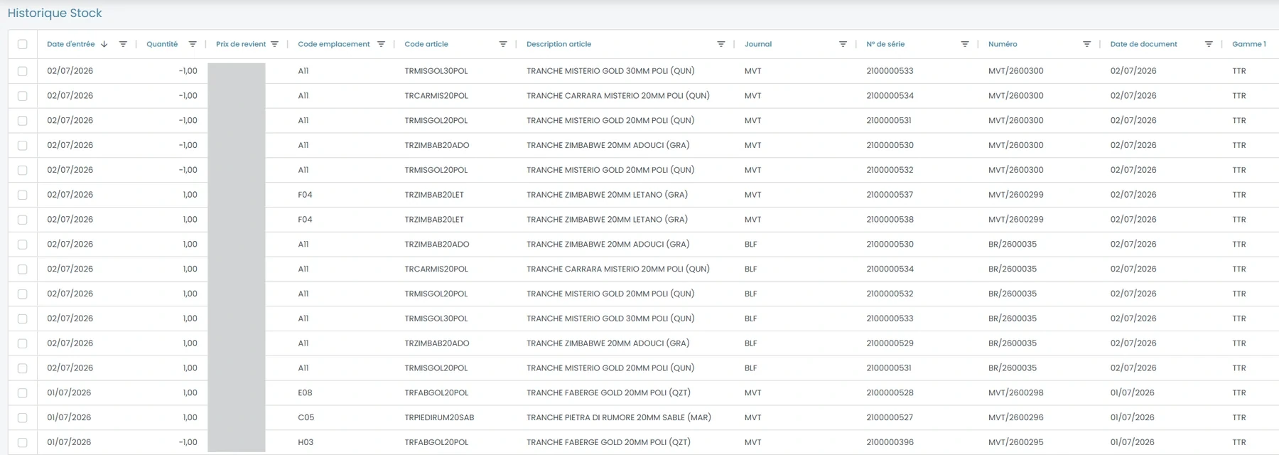 Historique des mouvements de stock dans Wallify